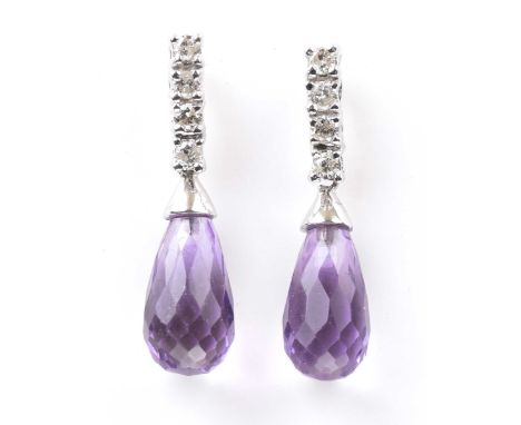 A pair of amethyst and diamond ear pendantsThe briolette-cut amethysts surmounted by round brilliant-cut diamonds, in 18k whi