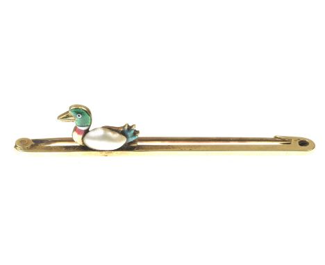 A Victorian novelty bar broochThe enamel mallard set with a baroque pearl, placed off centre to a precious yellow metal bar s