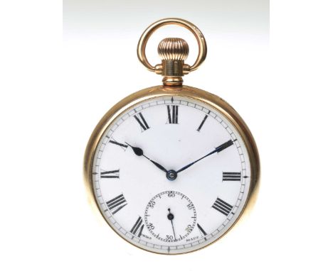 A 9k gold keyless wind pocket watchThe white enamel dial with black Roman numerals, outer minute track, blue steel hands, sub