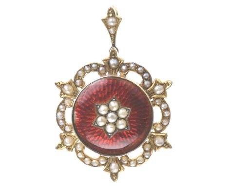 A Victorian seed pearl and enamel pendantThe engine turned ground with red enamel decoration, centering a seed pearl cluster,