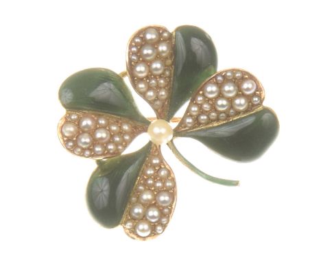 A Victorian seed pearl and enamel novelty broochRealistically modelled as a shamrock, with green enamel and seed pearl decora