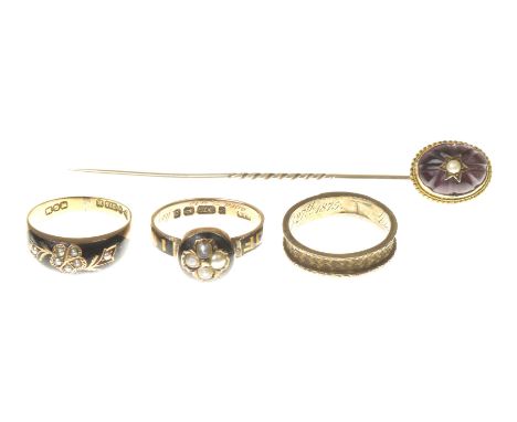 Three 19th century mourning ringsTwo with black enamel and seed pearl foliate detail, the third with a hair work band, to pre