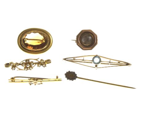 A collection of gem-set broochesTo include; a mourning hairwork brooch, a seed pearl bar brooch and a stick pin, with remaini