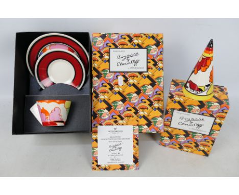 Wedgwood Bizarre by Clarice Cliff - A boxed, limited edition Blue Autumn pattern conical teacup, saucer and side plate, certi