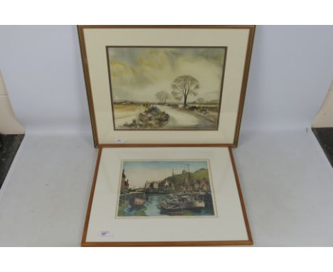 Lot to include a framed watercolour landscape scene signed lower left by the artist Peter Wadsworth and a framed aquatint, Wh