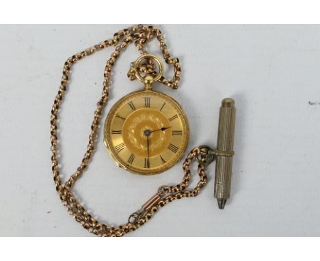 A late 19th century yellow metal lady’s pocket watch, the case profusely engraved in a very decorative design, decoration ext