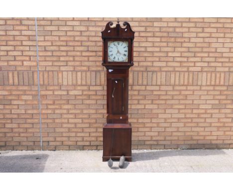 A mid-19th century oak cased 30-hour longcase clock, the hood surmounted by swan-necked pediment, opening door flanked by tur