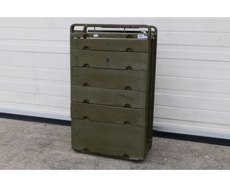 A vintage US Army metal medical cabinet having seven drawers, approximately 77 cm x 46 cm x 26 cm.