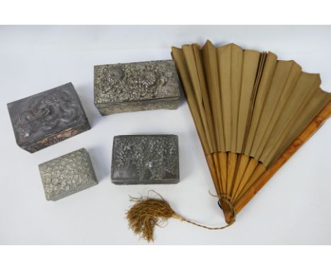 Lot to include vintage Oriental trinket boxes and a fan.