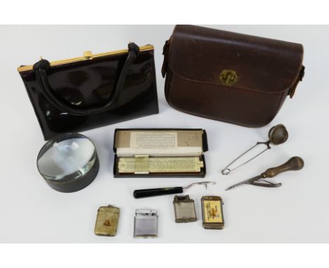 Vintage items to include handbags, cigarette lighters and vesta cases, slide rule and other.