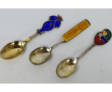 Three vintage, Danish silver and enamel year spoons by Anton Michelsen comprising 1967, 1968 and 1974, stamped to the rear wi