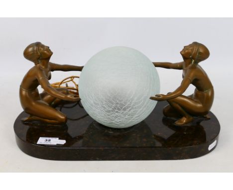 An Art Deco style figural table lamp with bronzed spelter female nudes and spherical lamp shade set to a marble base, approxi