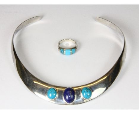 A 925 silver, lapis and turquoise collar and a silver lapis and turquoise ring