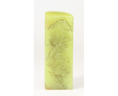 An unusual Chinese carved lime green hardstone seal, H 7.5cm