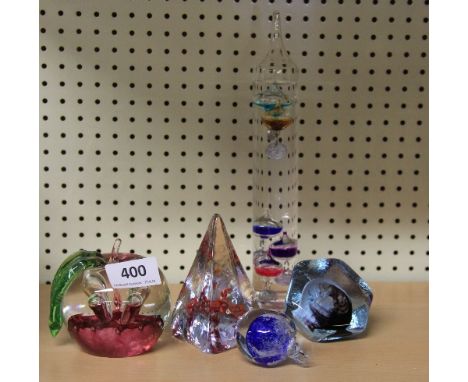 A Caithness paperweight and 3 others with a glass thermometer