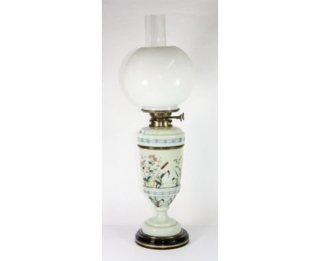 A 19th century hand enamelled opaline glass oil lamp, H 64cm