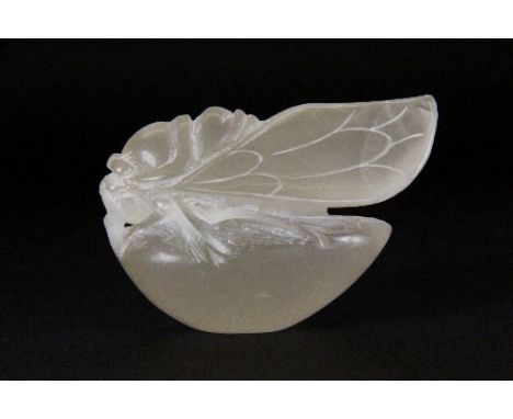 An unusual Chinese carved clear soapstone amulet/scroll weight of a cicada, L 8.5cm, H 5.5cm