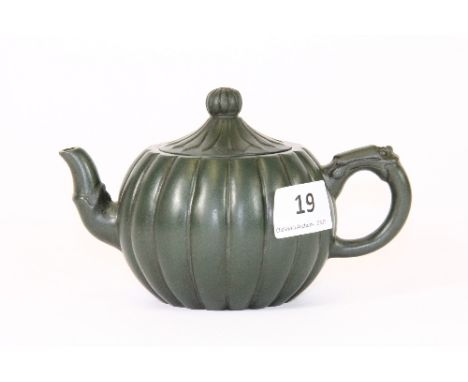 An unusual Chinese green Yi Xing terracotta teapot, H 9.5cm