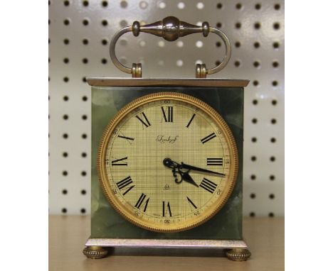 An Imhof onyx and gilt brass mantle clock, H 14.5cm