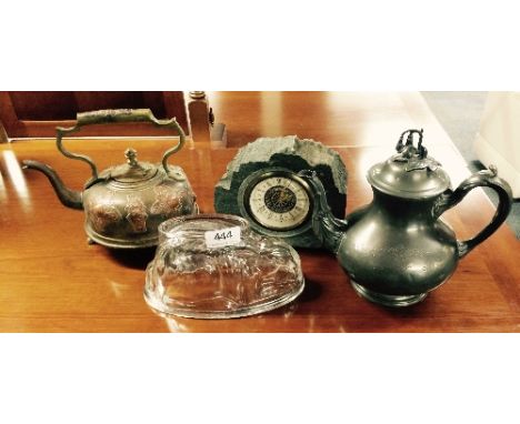 A Victorian glass rabbit jelly mould, slate clock, copper and brass Arts & Crafts kettle and a Victorian teapot
