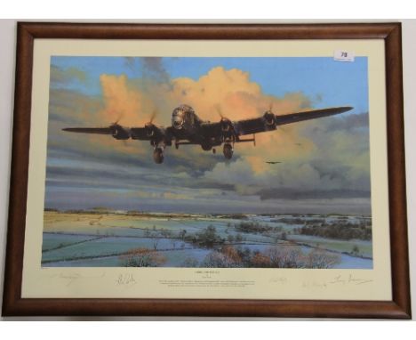 A framed limited edition 302/400 print entitled "Strike And Return" signed by the artist and Lancaster crew members