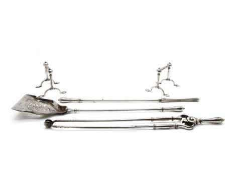 A set of polished steel fire tools, and a pair of andirons