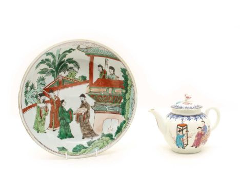 A Chinese porcelain teapot, 18th century, of bullet form, enamelled with figural scene, 19cm wide, together with a 19th centu