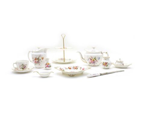 Royal Crown Derby porcelain in the 'Derby Posies' pattern, comprising: a coffee pot, three tea pots, hot water jug, three mil