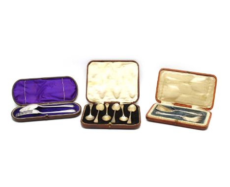 A Victorian silver cased christening set, comprising of fork and spoon, by Josiah Williams &amp; Co, Exeter 1867, together wi