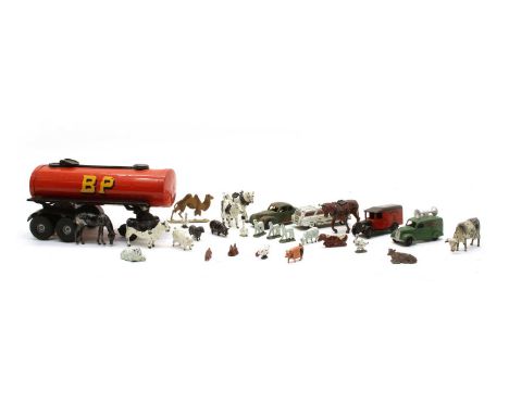 Various old diecast toy vehicles, including Dinky toys, Royal Mail Delivery Van, and 'King &amp; Co' Loud Speaker van, lead f