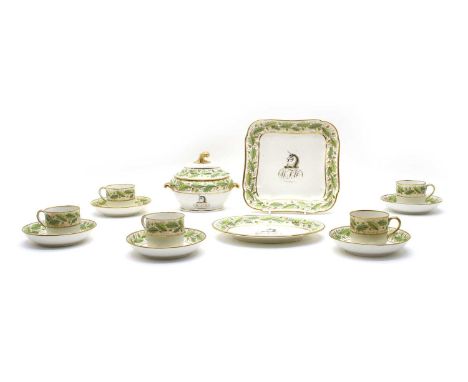 Various 19th century porcelain from a service, painted with green bands of acorns and oak leaves, a unicorn crest and initial