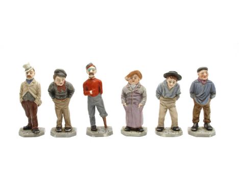 A set of six Royal Worcester figural menu holders from the 'Down and Out' series, c.1875-80, modelled by James Hadley, each t