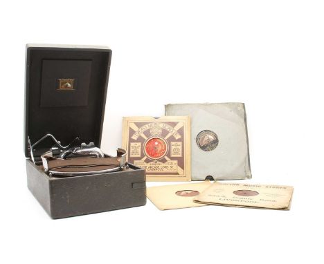 HMV wind-up portable record player, complete with key and a selection of 78rpm records, including HMV, Imperial, Decca, Parlo