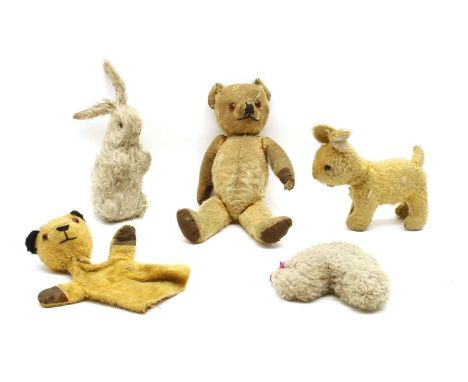 An English mohair teddy bear, 33cm high, a Chadd Valley Rabbit, Dog, a Duck and a Sooty hand puppet (5)Condition report:  The