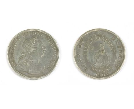 Coins, Great Britain, George III (1760-1820), Dollar, 1804, obv. top leaf to left side of E, rev. upright K to left of shield