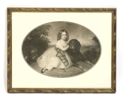 English School, 19th centuryA young girl in a white dress and tartan sash, holding her Bloodhound, who sits beside hermezzoti