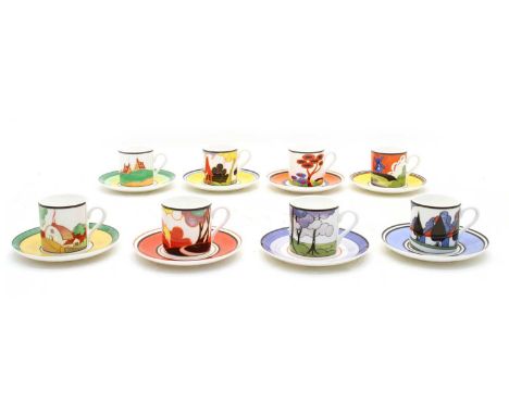 Eight Wedgwood limited edition 'Cafe Chic' collection coffee cups and saucers, in Clarice Cliff patterns, including 'Summerho