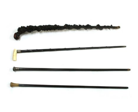 A collection of walking sticks, to include an Edwardian ebonised stick with silver collar and ivory handle, 90cm high, anothe