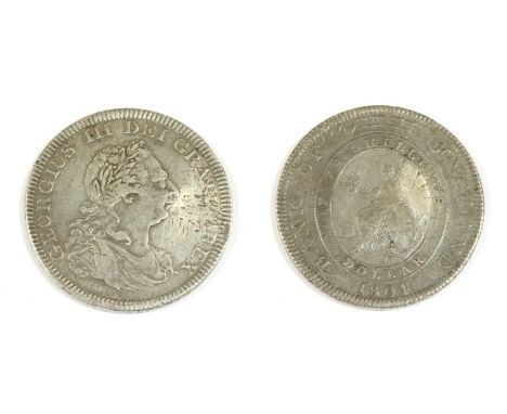 Coins, Great Britain, George III (1760-1820), Dollar, 1804, obv. top leaf to left side of E, rev. upright K to left of shield