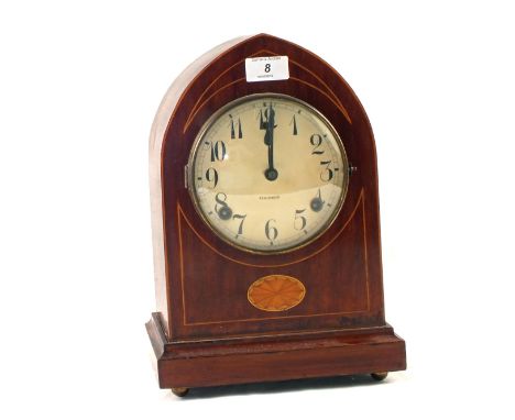 An Edwardian inlaid Mahogany striking mantel clock with Gilbert movement
