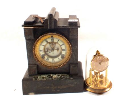 A black marble mantel clock plus a small dome clock