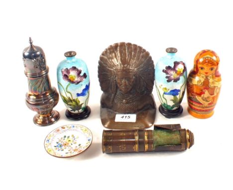 A pair of Japanese floral enamel vases, Brass pocket telescope plus other items