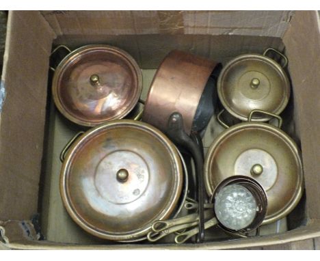 Four Copper lidded cooking pots, various pans and kitchen scales