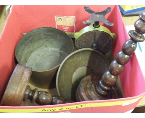 A 19th Century Copper pan, scales plus wooden candlesticks