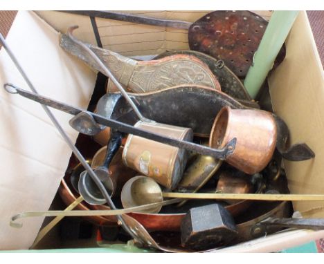 Iron and Copper pan, scales and weights plus other Copper and Brass