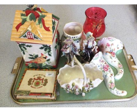 A pair of Royal Worcester floral wall pockets, other china and glass plus a box of Cuban cigars