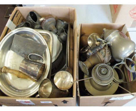 An enamel flour bin, Silver plate and pewter etc (two boxes)