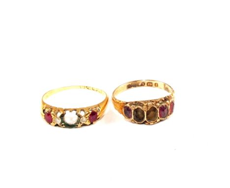 A 15ct Gold five stone ring (two missing), together with an 18ct three stone Ruby and Diamond ring (centre Ruby missing)