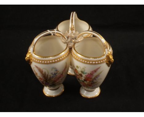 A Royal Worcester triple vase with floral paining impressed mark, height 5"