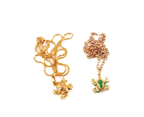 Two 9ct Gold frog pendants, one with green enamel details, both hung on 9ct Gold chains